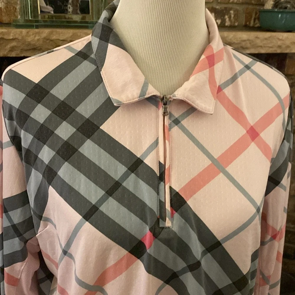 SAN SOLEIL UPF 50 long sleeved top shirt. Fun pink and gray diagonal plaid. - Picture 2 of 10